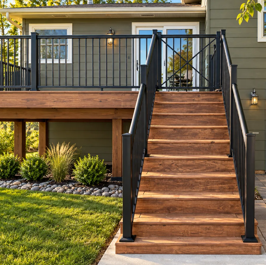 Wood deck stairs with black metal railing leading to an elevated deck