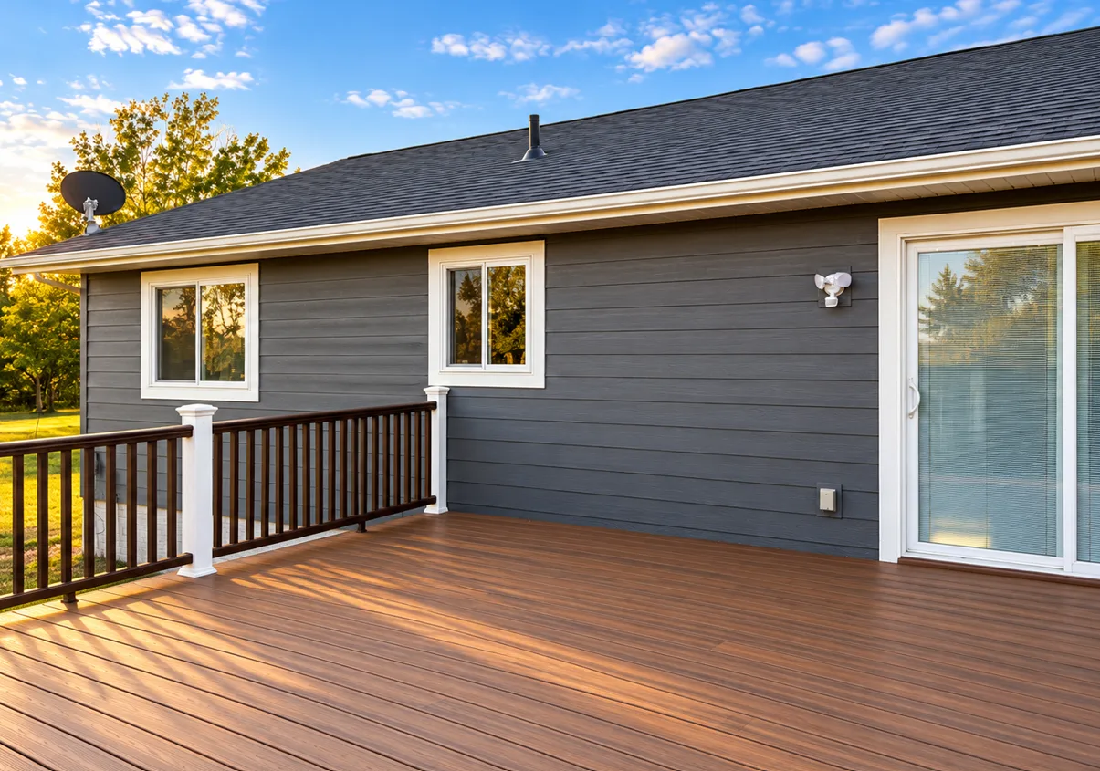 Brown composite deck with dark railing beside a charcoal-sided home